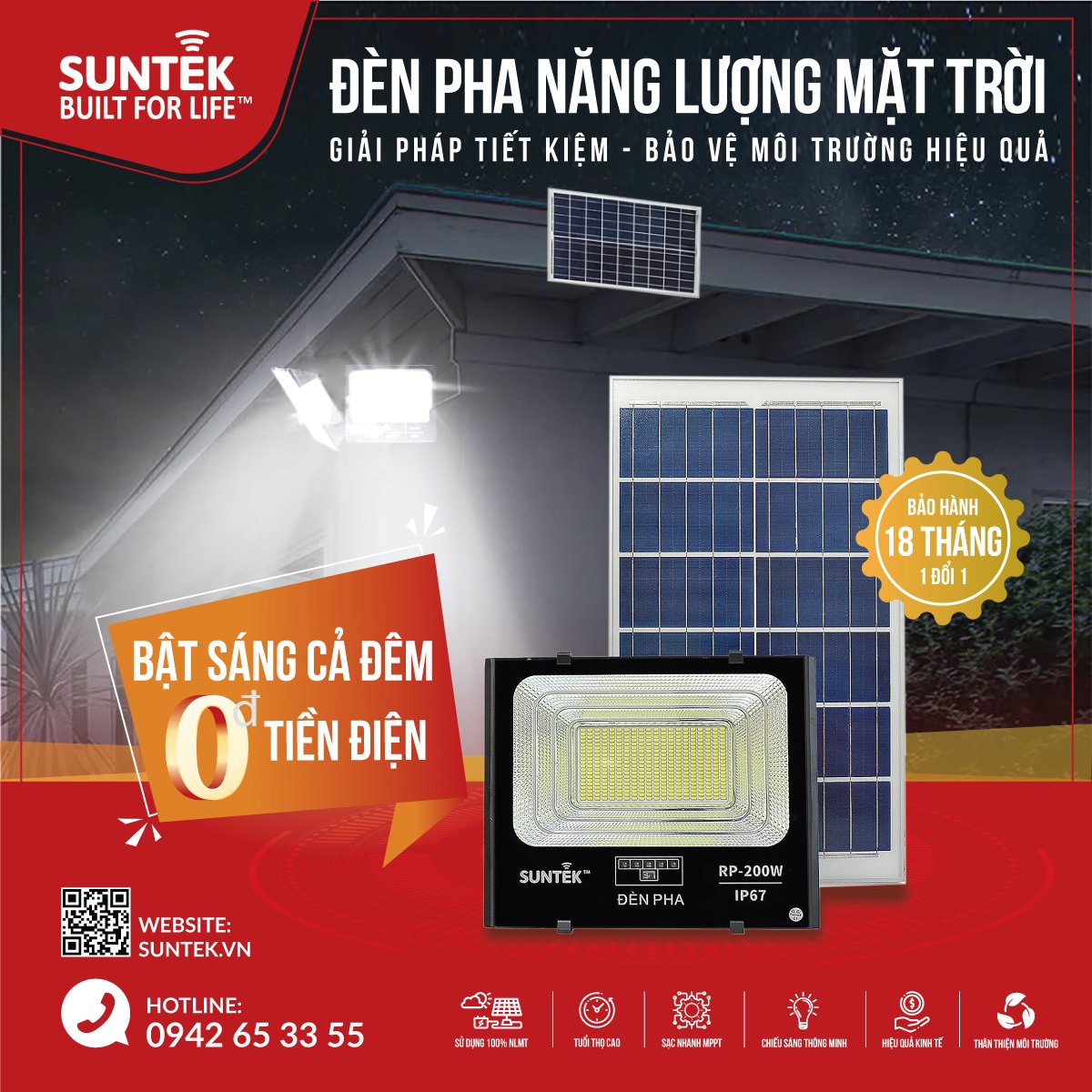 Đèn Pha Năng Lượng Mặt Trời SUNTEK RP-200W - Sáng suốt đêm 10-12 giờ | Tự động Bật/Tắt | Điều khiển Từ Xa | Chống Nước/Bụi/Sét | Tuổi thọ bóng LED 50.000 giờ - Hàng Chính Hãng - Bảo hành 18 tháng 1 đổi 1