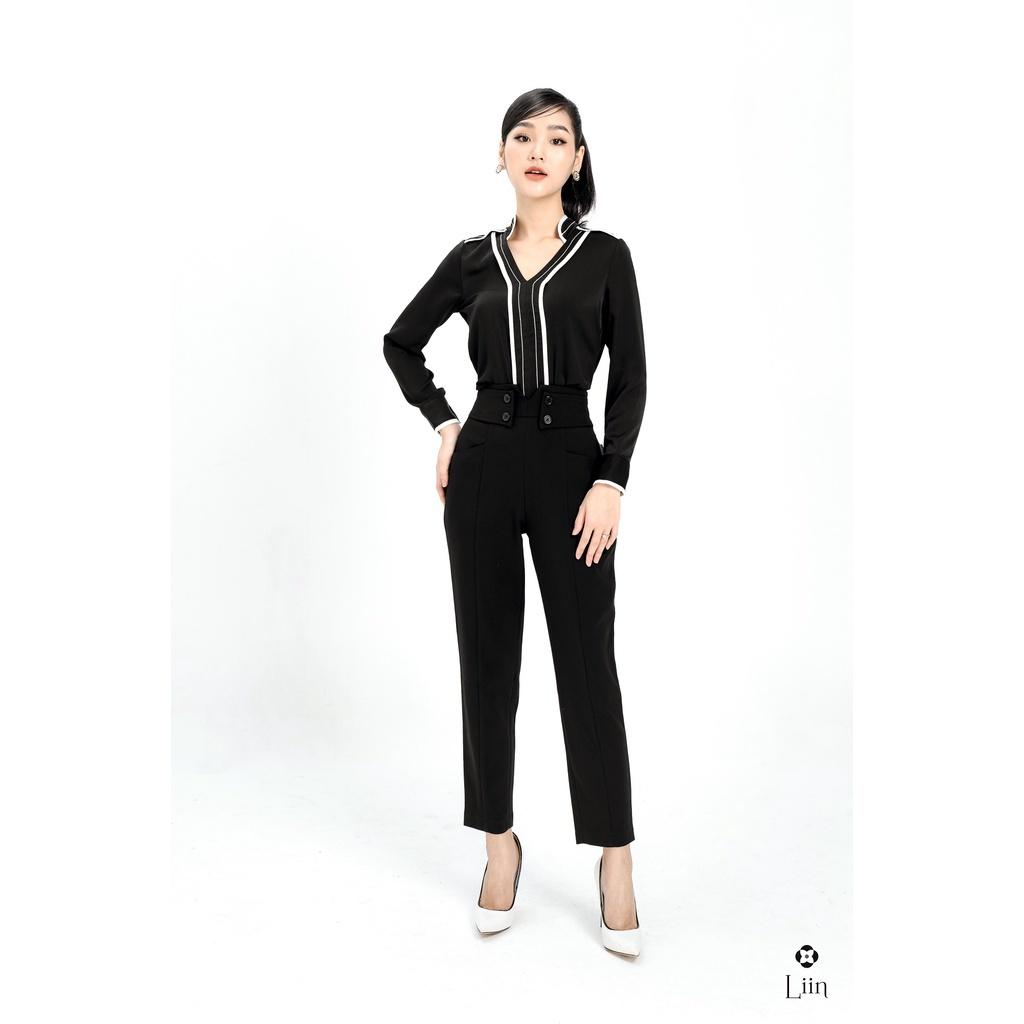 ✹✜Áo sơ mi nữ dài tay form công sở màu Trắng Cổ Tàu kết hợp viền đen thanh lịch Liin Clothing SM3565
