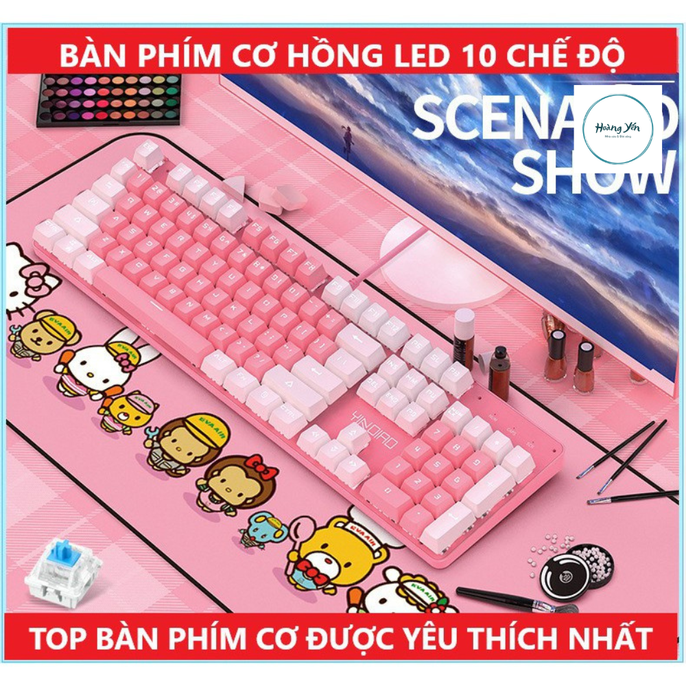 Bàn phím cơ máy tính HỒNG Cute T900 có 10 chế độ LED khác nhau, keybroad blue switch gõ cực đã cho cả pc, laptop