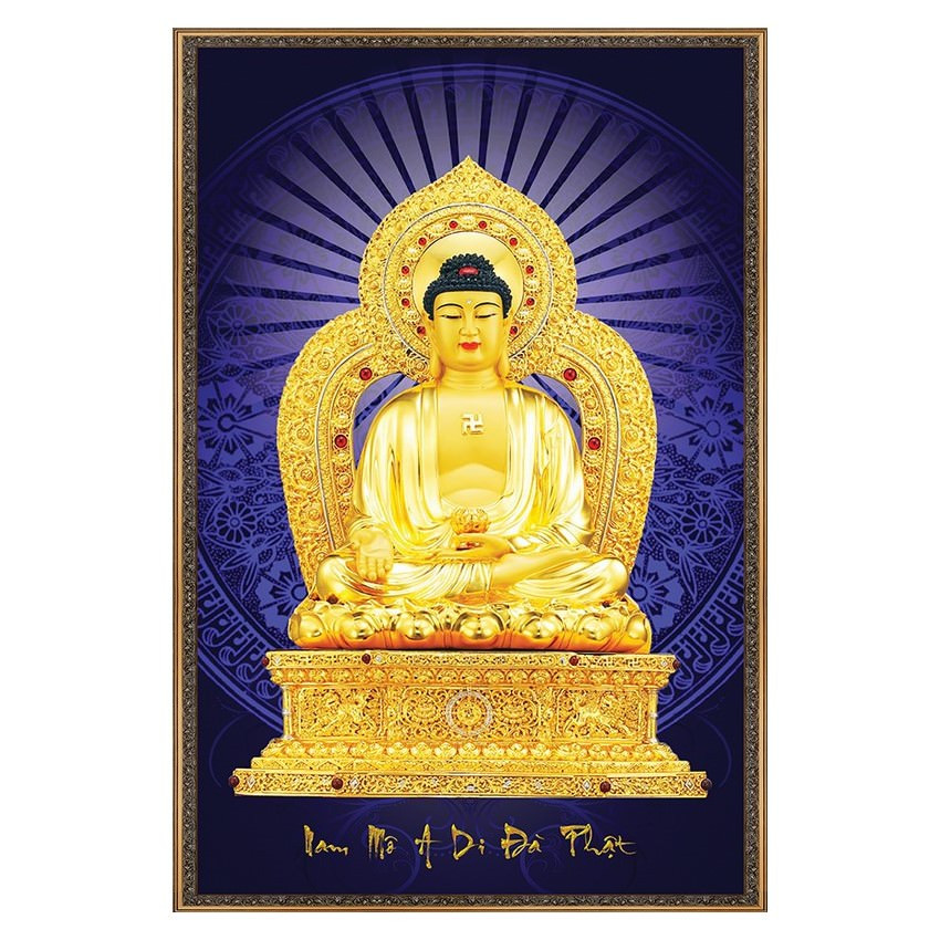 Hình Phật pháp treo tường mẫu phật tổ như lai ngồi trên tọa đài sen vàng cán gỗ treo tường, Tranh Phật Giáo Adida Phật 2308