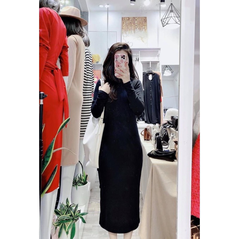 Váy body len tăm nữ cao cổ dáng dài thời trang - Đầm body len tăm cổ lọ dáng dài 1m1
