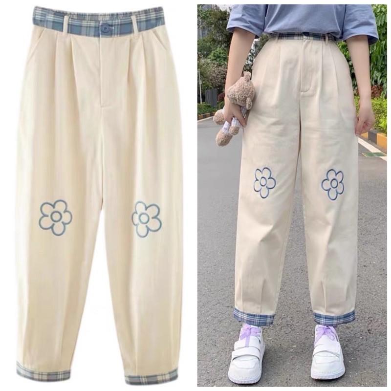 Quần Baggy Kaki Ống Suông Ulzzang Unisex - Thêu Bông Hoa