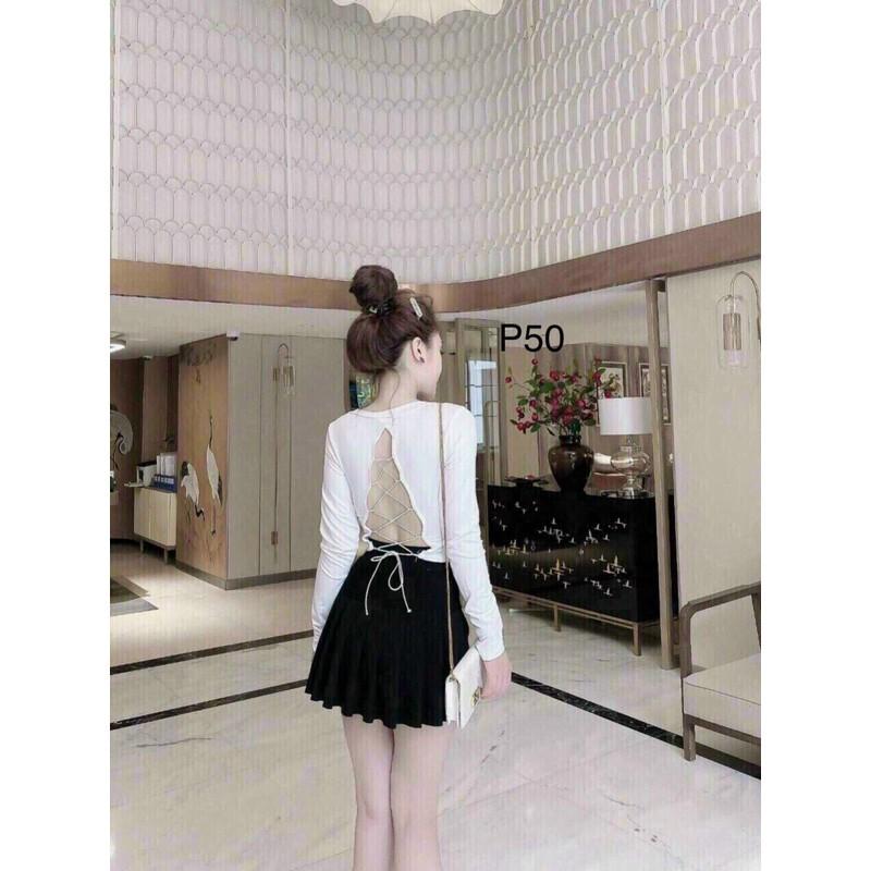Áo croptop tay dài cổ cao đan dây lưng