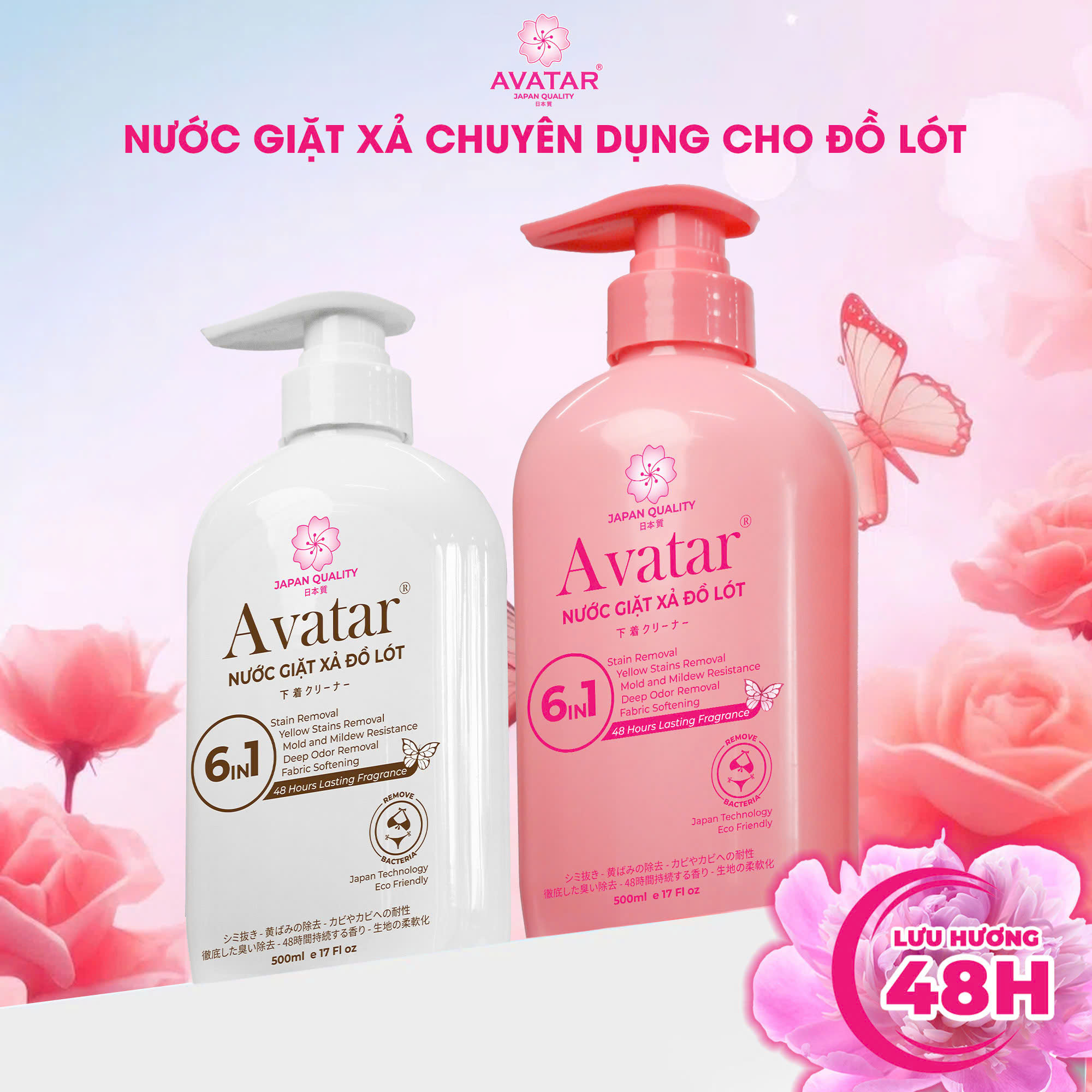 Nước giặt đồ lót AVATAR lưu hương 48 hours 6 in1 (Chai 500ML) - Hương Anh Đào Ngọt Ngào