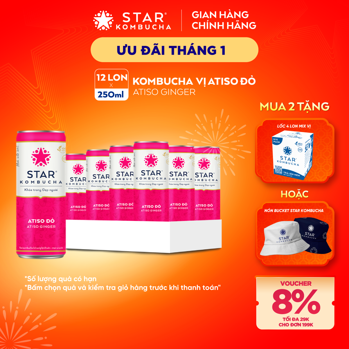 Thùng 12 lon thức uống lên men STAR KOMBUCHA Atiso đỏ / Atiso Ginger