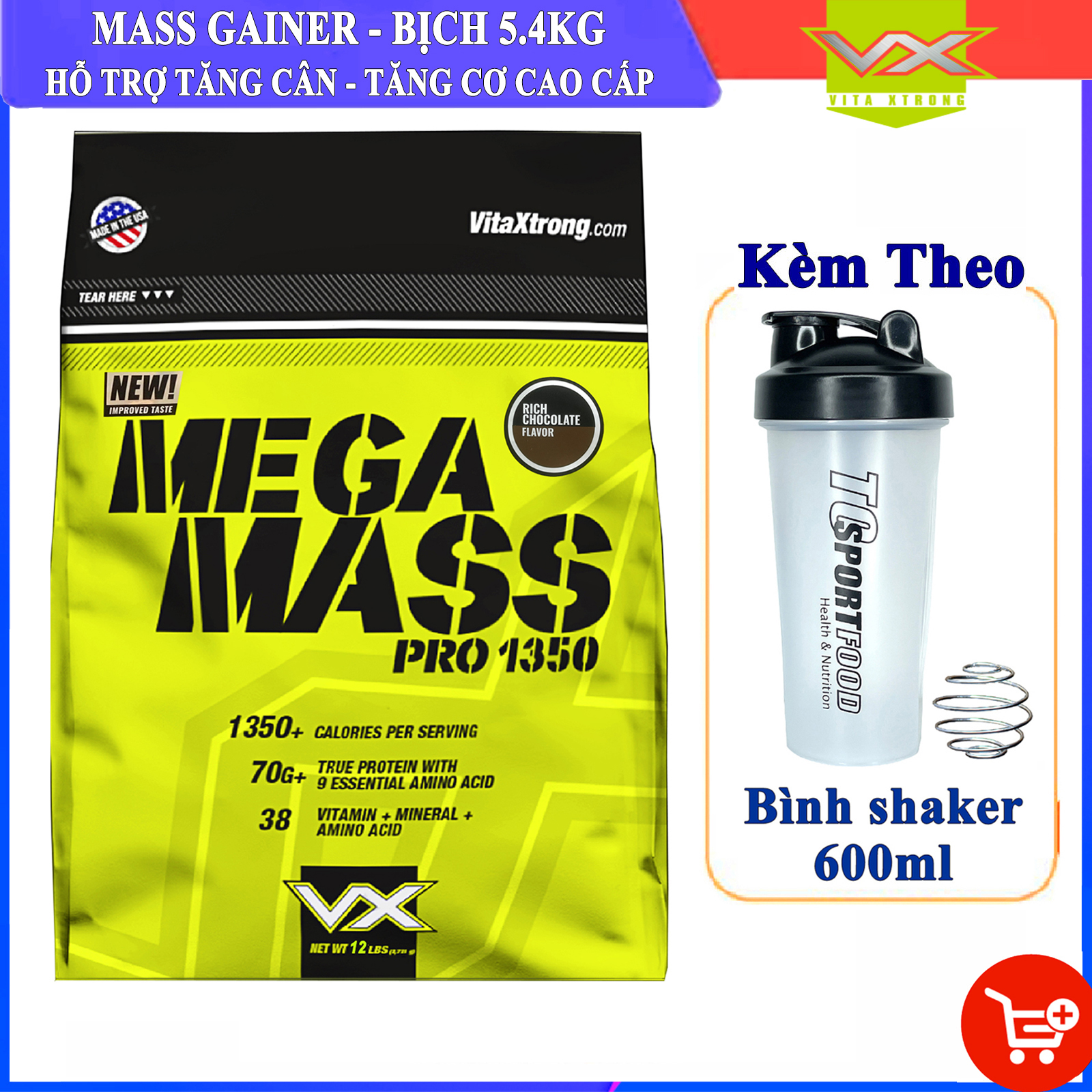 Combo Sữa tăng cân tăng cơ MEGA MASS của VITAXTRONG bịch 5.4kg hỗ trợ tăng cân tăng cơ nhanh cho người gầy, khó hấp thụ & Bình shaker 600ml (Mẫu ngẫu nhiên)