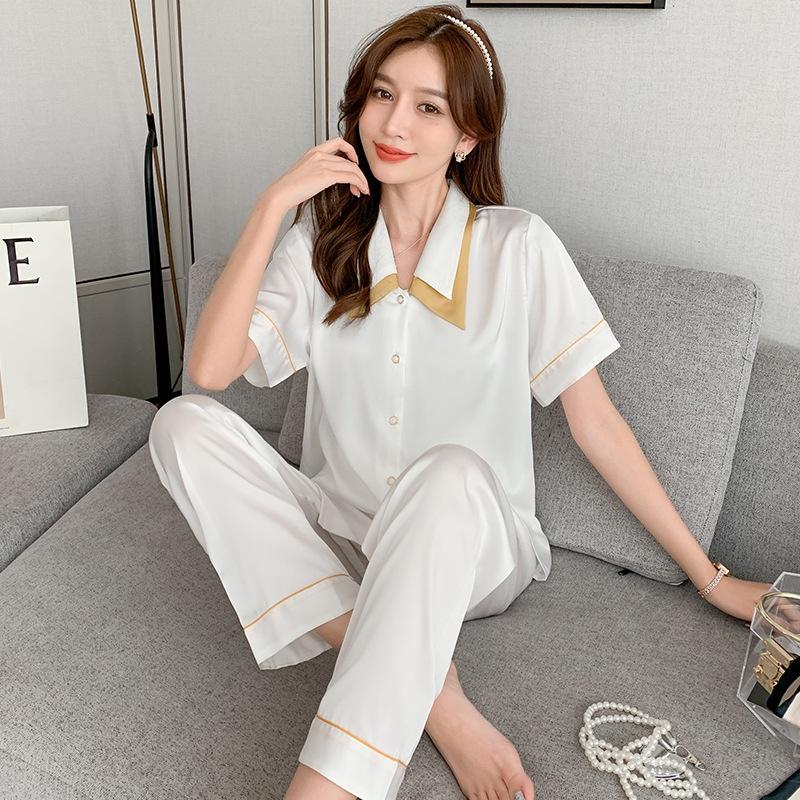 Đồ Bộ Ngủ - Pijama Áo Ngắn Quần Dài Vải Lụa Cao Cấp Màu Trơn Cổ Áo Cách Điệu Viền Ren Đẹp CDLP11