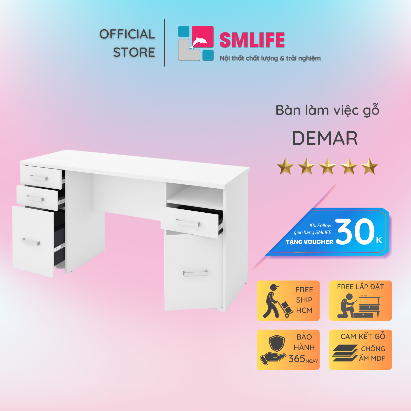 Bàn làm việc, bàn học gỗ hiện đại SMLIFE Demar  | Gỗ MDF dày 17mm chống ẩm | D140xR60xC75cm