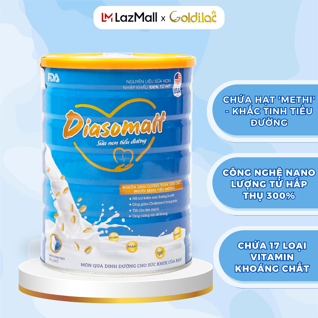 Sữa non tiểu đường Diasomalt 850g - Dinh dưỡng cho người tiểu đường - Ổn định đường huyết