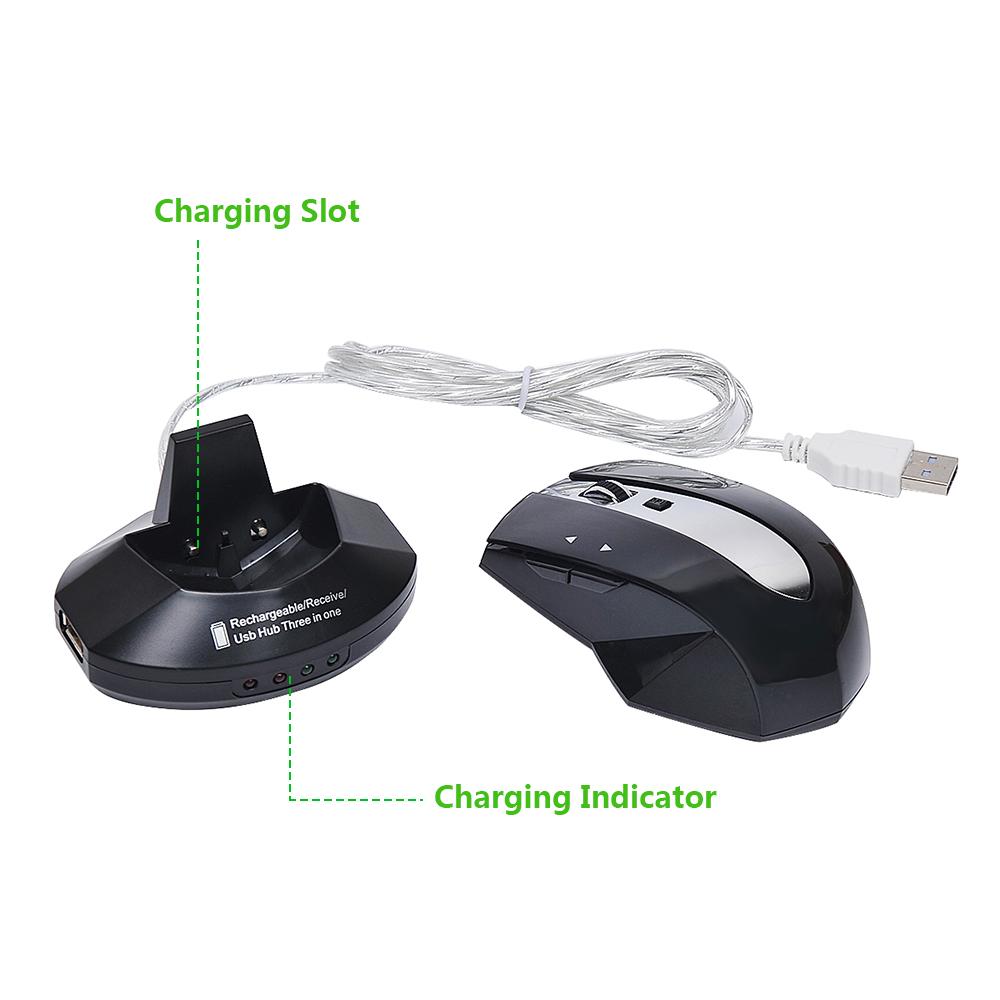 Chuột sạc không dây 2.4G chơi game 6D quang học với 4 cổng USB Hub Đế sạc MG-011