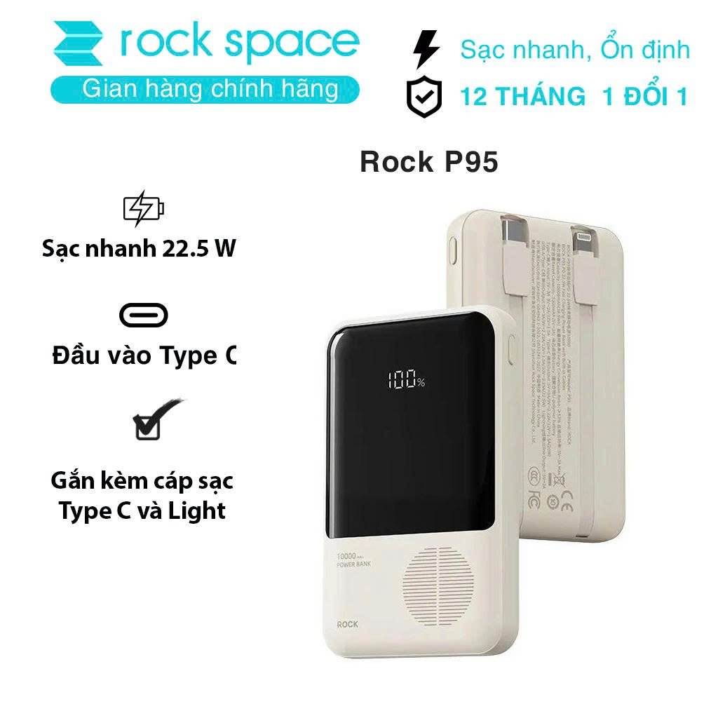 Pin sạc dự phòng mini ROCKSPACE P95 sạc nhanh 22.5w 10000mAh, có tích hợp dây sạc cho điện thoại, hàng chính hãng bảo hành 1 năm