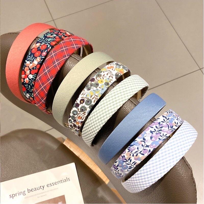 Băng đô cài tóc hoạ tiết hoa/ caro/ màu trơn phong cách Hàn Quốc dễ thương dành cho nữ