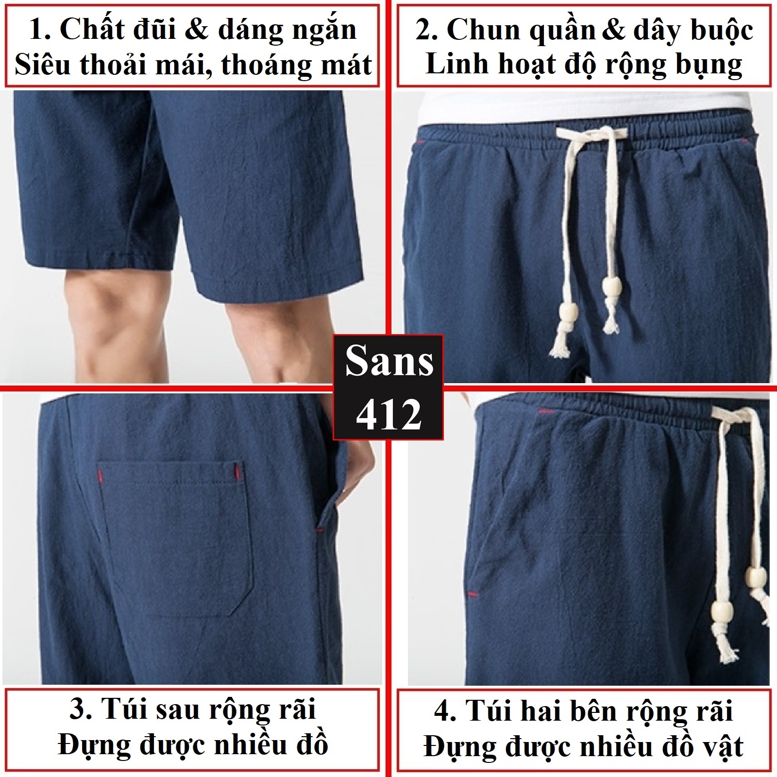 Quần short nam đũi Sans412 ngắn lanh linen mát dây rút ngố đùi cộc sóc trắng đen xám xanh than bigsize 80kg 90kg 100kg