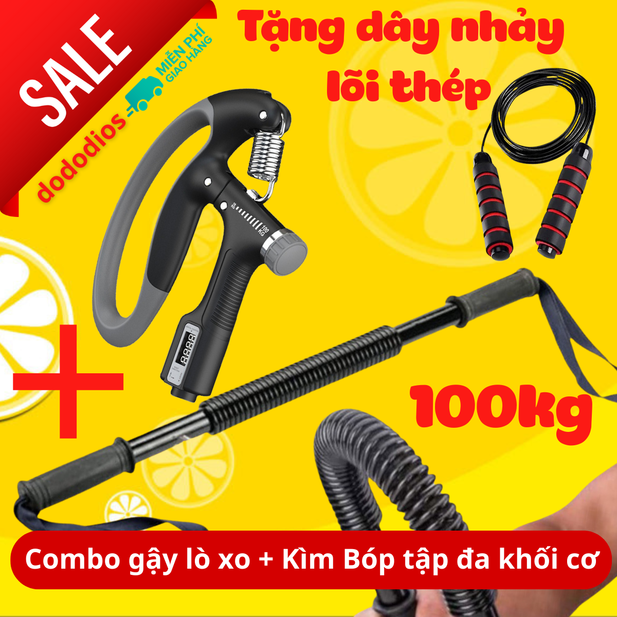 Combo gậy bẻ lò xo tập cơ tay gym + kìm bóp tập cơ tay 100kg PRO - TẶNG 1 DÂY NHẢY LÕI THÉP - Chính Hãng dododios