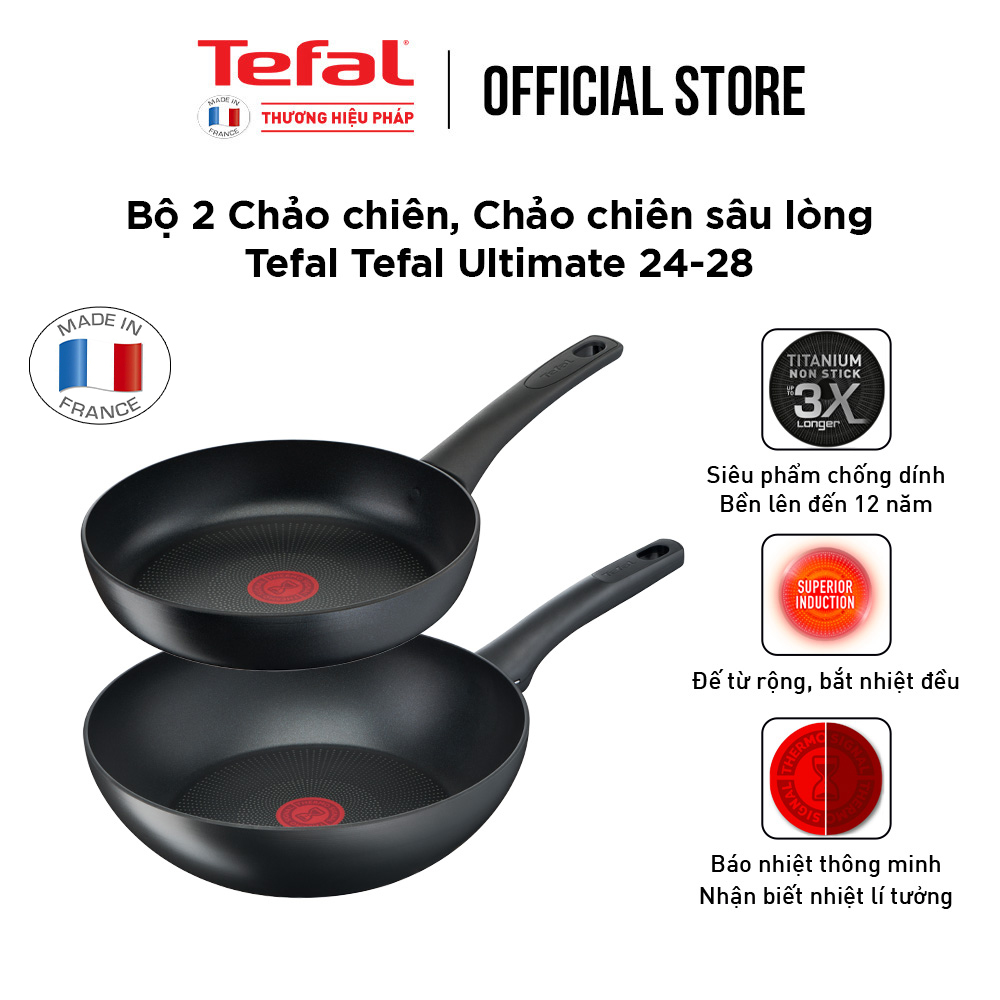 Bộ 2 chảo chống dính đáy từ Tefal Ultimate sản xuất tại Pháp dùng cho mọi loại bếp - Hàng chính hãng