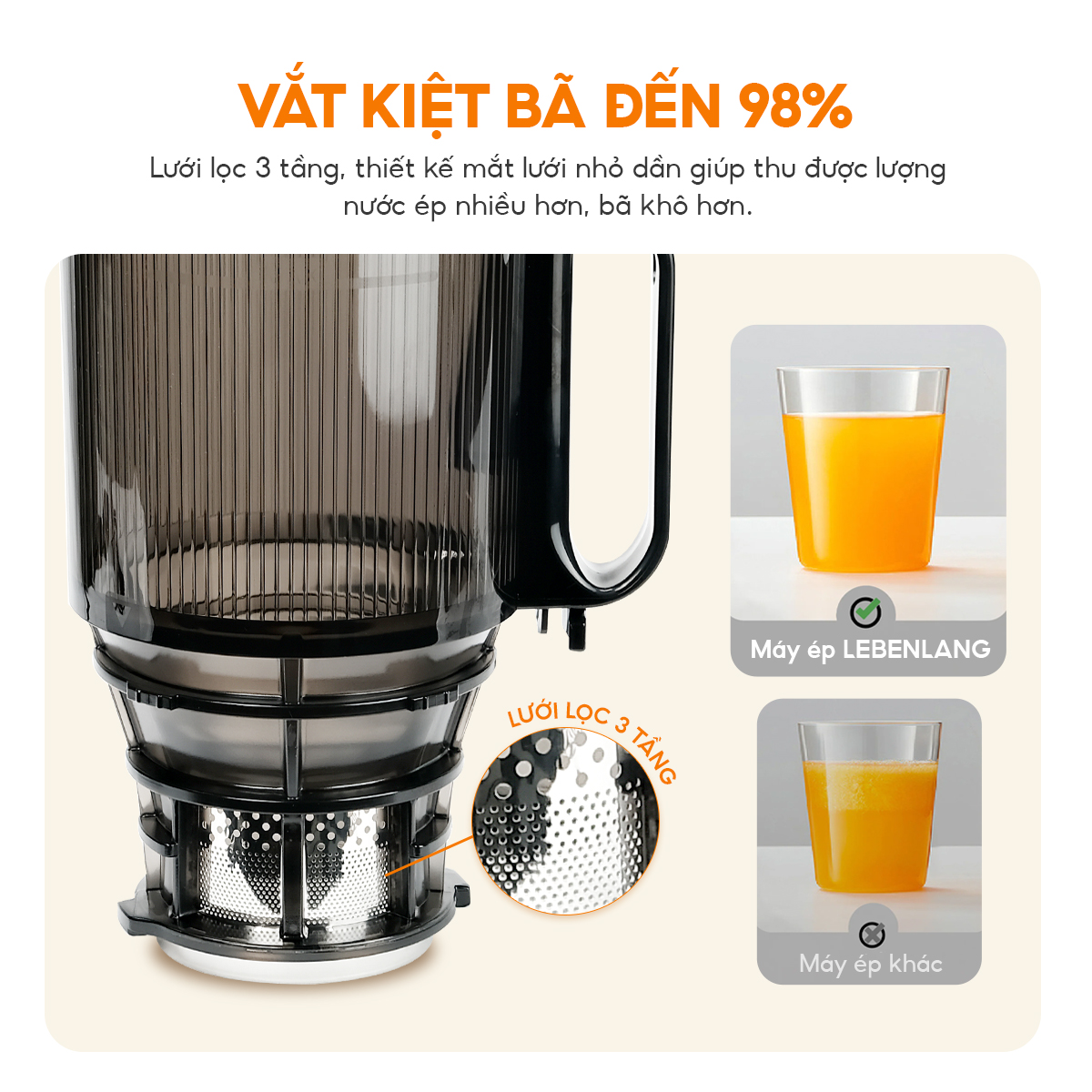 Máy ép chậm Lebenlang LBL3077, công suất 250W, dung tích 1000ml, ép kiệt bã, giữ trọn dinh dưỡng, bảo hành 2 năm - hàng chính hãng
