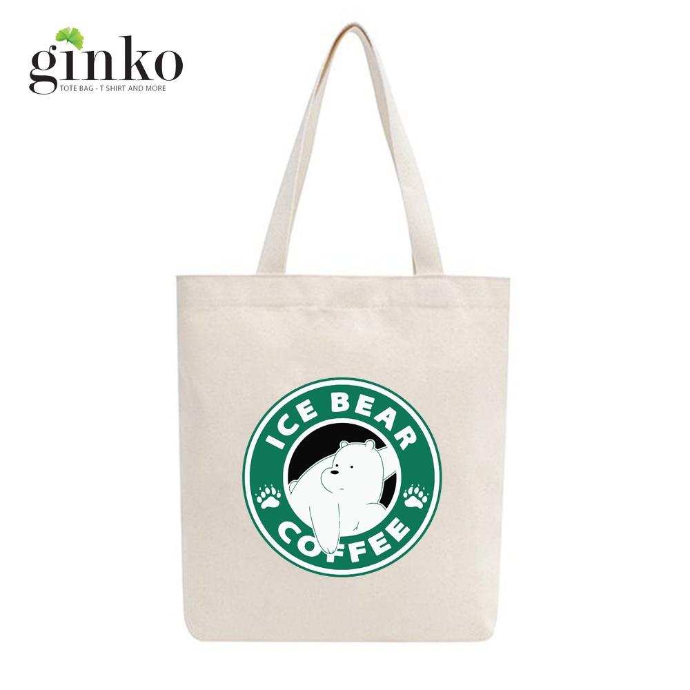Túi tote vải mộc GINKO kiểu basic có dây kéo khóa miệng túi( có túi con bên trong) đựng vừa laptop 14 inch và nhiều đồ dùng khác in hình We Bare Bears