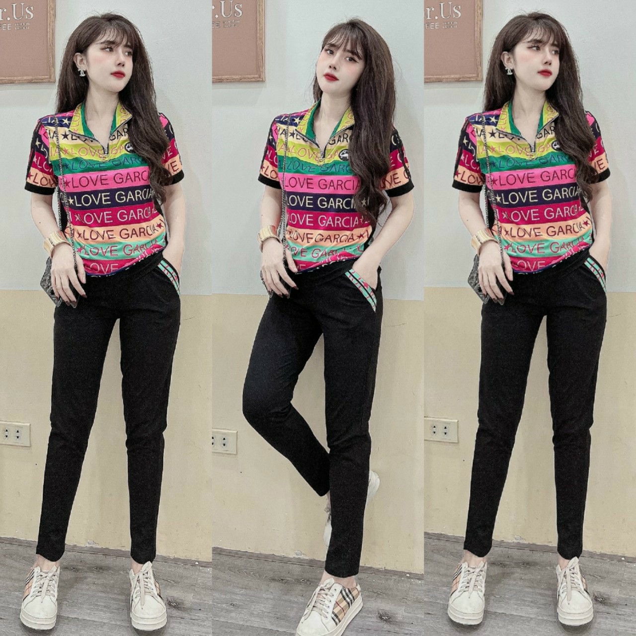 Đồ bộ thun cotton sắc màu phối khóa kéo