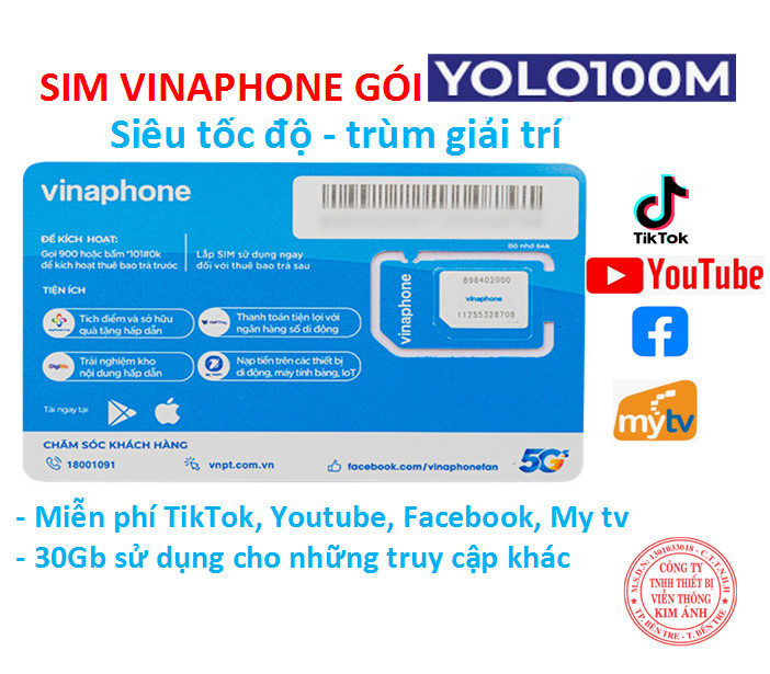 Sim Vinaphone 4G dùng mãi mãi gói cước Mạng Xã Hội YOLO100M siêu tốc độ, Hàng chính hãng