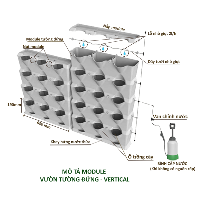 Tự Trồng Rau Đứng Minigarden tại nhà kèm Hệ Thống Tưới Nhỏ Giọt Bán Tự Động 2L/h + Bình Châm Phân Bón cho rau chứa 8 lít và  khung Module Vertical nhập khẩu Châu Âu (Không Cần Thay Đất cho Rau)