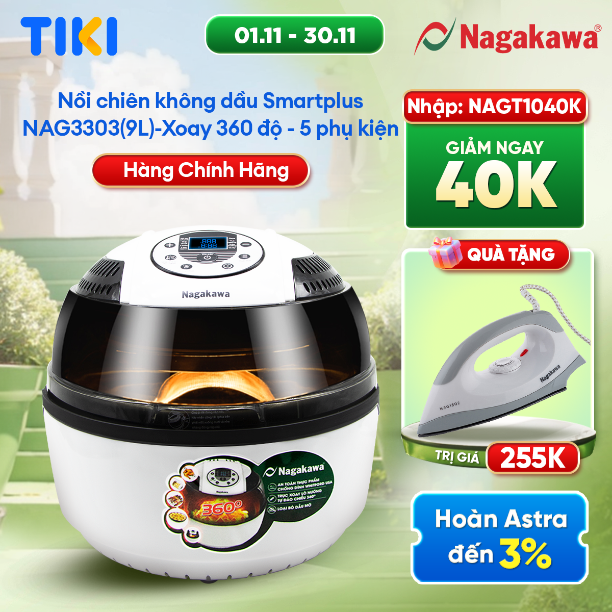 Nồi Chiên Không Dầu Điện Tử Xoay 360 Độ Nagakawa NAG3303 (9.0 Lít) - Hàng chính hãng