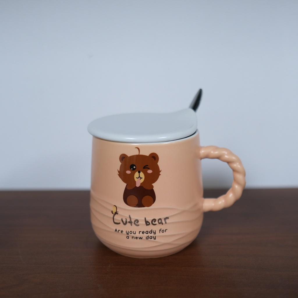 Ly sứ có quai, hình gấu nâu cute, Quà lưu niệm tặng bạn bè, người thân, kèm muỗng và nắp 400ml