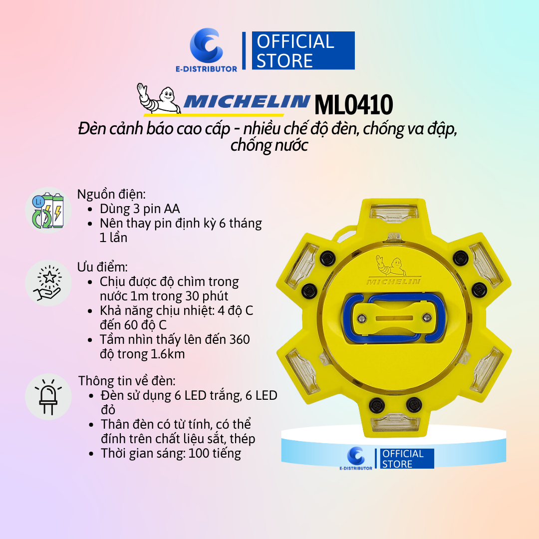 Đèn cảnh báo an toàn cao cấp nhiều chế độ đèn, chống va đập và chống nước Michelin ML0410 - Hàng Chính Hãng