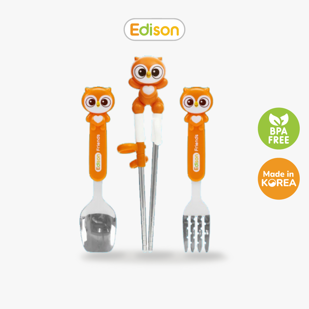 Đồ dùng ăn dặm cho bé MADE IN KOREA - set 3 món : Thìa-Dĩa- Đũa xỏ ngón tập gắp - Edison hình cú mèo 6971