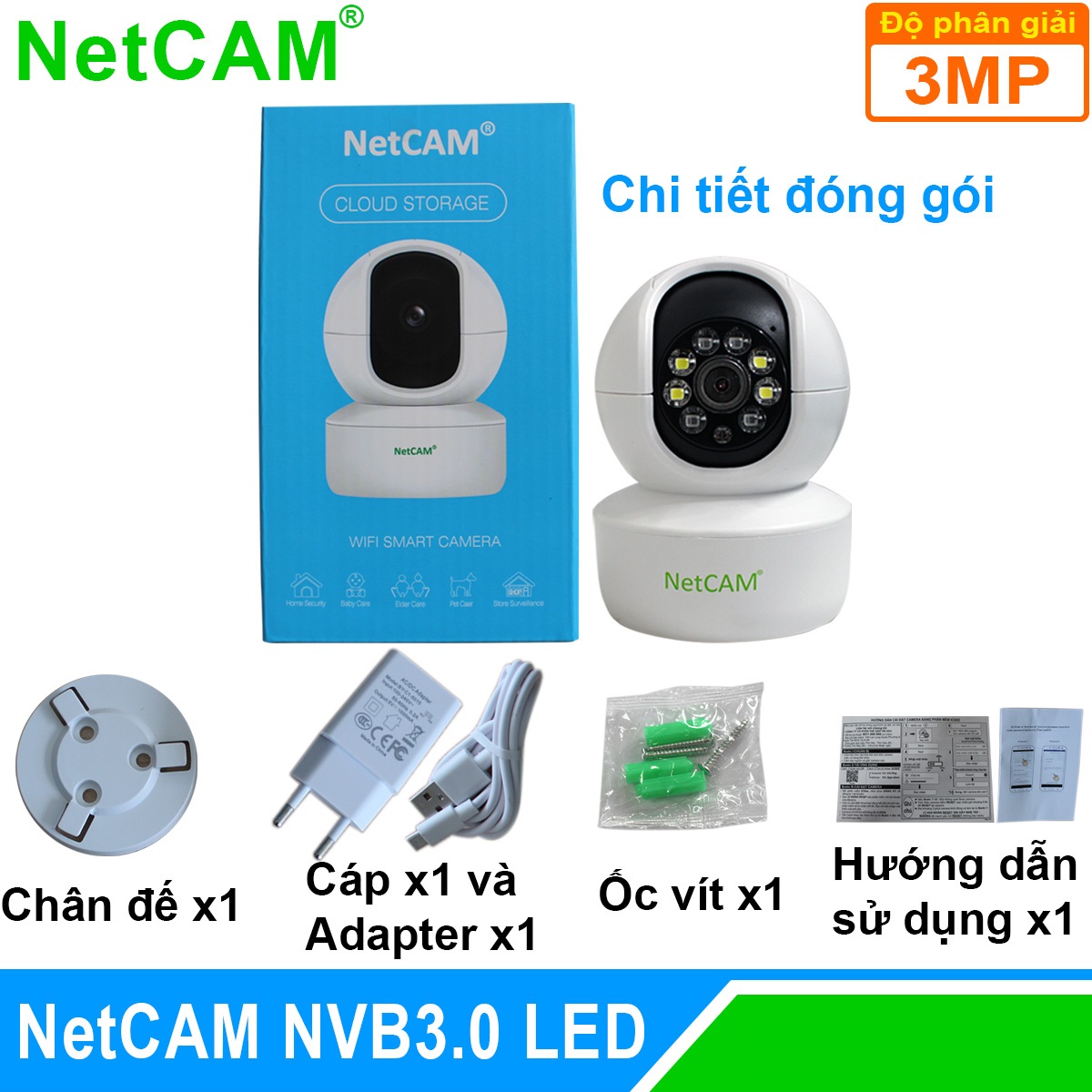 Camera IP wifi giám sát an ninh NetCAM NVB3.0, Độ phân giải 3.0MP, 4 đèn LED chiếu sáng - Hàng Chính Hãng