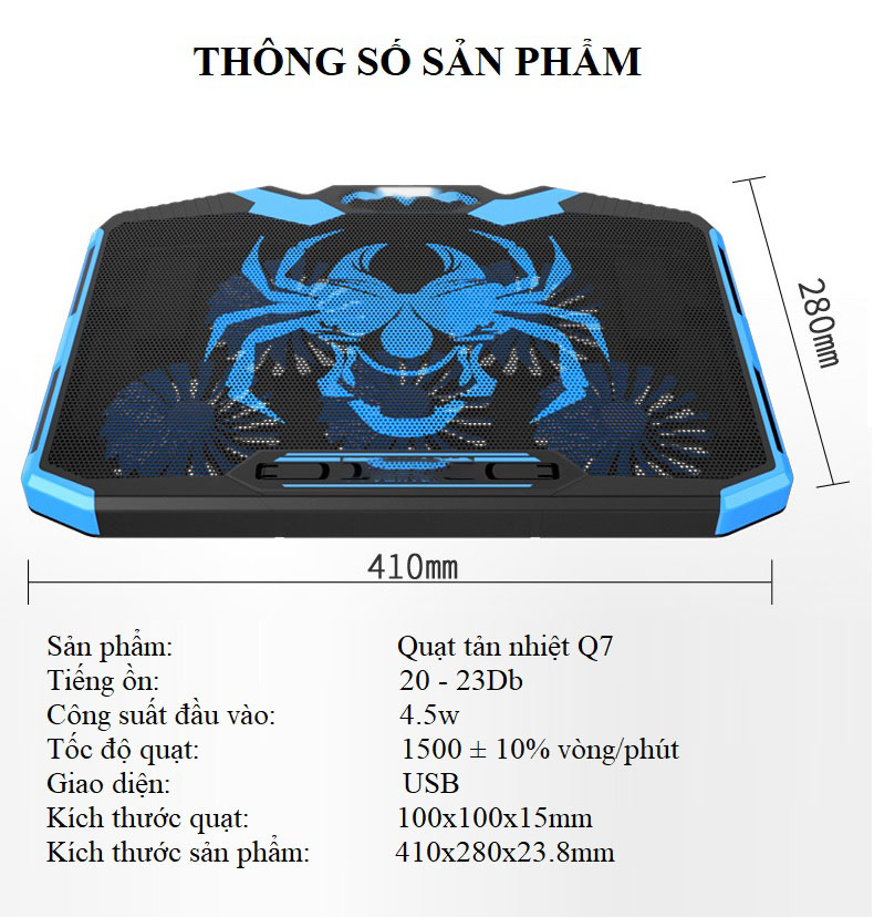 Đế Tản Nhiệt Cho Laptop Q-7 Quạt Chạy Cực Êm Làm Mát Laptop, Độ Đèn Led Gaming