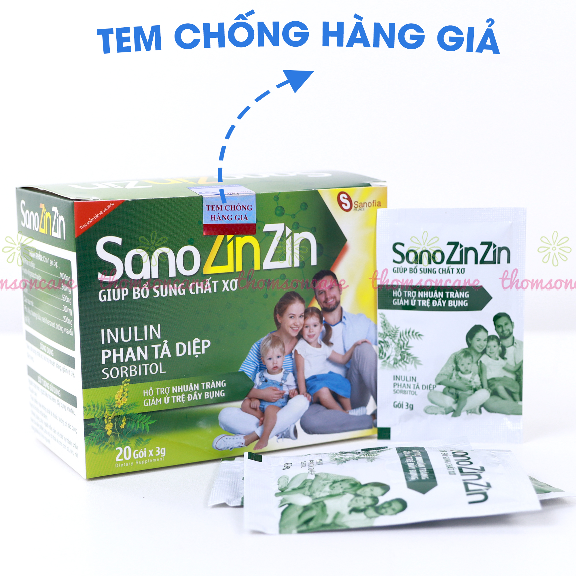 Cốm táo bón Sano ZinZin Sanofia - Bổ sung chất xơ, giảm táo bón, nhuận tràng ở trẻ và người lớn - Hộp 20 gói Thomsoncare