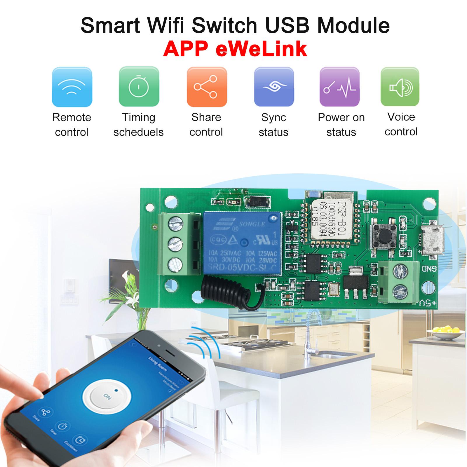 EWeLink USB DC5V Wifi Switch RF 433MHz Wireless Relay Module Smart Home Automation Modules Phone APP Remote Control Timer Switch Alexa Google Home Voice Control for Access Control System Inching/Self-Locking
