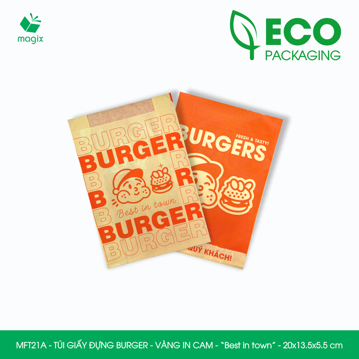 MFT21A - 20x13.5x5.5 cm - 500 Túi giấy Kraft đựng hamburger, túi giấy burger, túi đựng thực phẩm