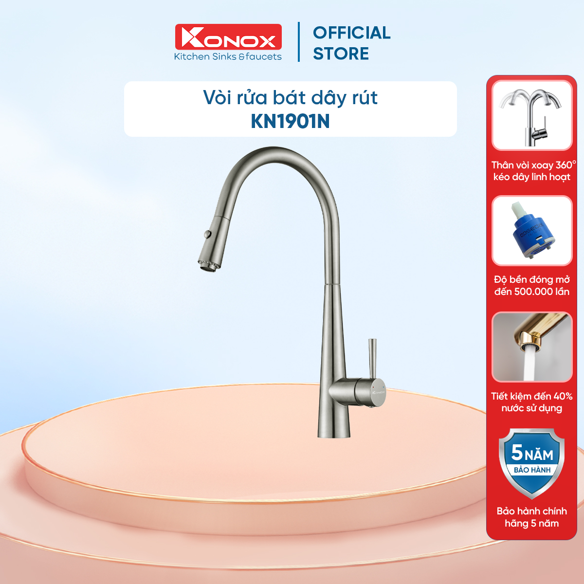 Vòi rửa bát dây rút KONOX KN1901N hợp kim đồng 61% tiêu chuẩn Châu Âu CW617N, bề mặt xử lý công nghệ PVD Chrome 5 lớp