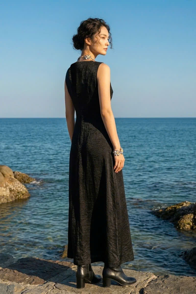 Đầm Maxi Dáng Suông Lụa Đen Hải Thạch Dre202 thời trang thiết kế Hity