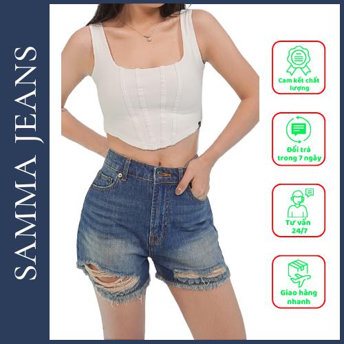 Quần short jean nữ lưng cao SJS01_Quần bò jean chất Denim co giãn thương hiệu Samma Jeans