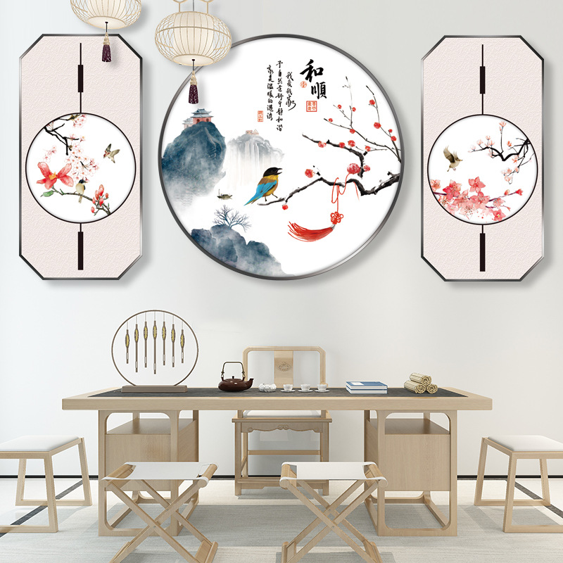 Decal Dán Tường Tranh Thủy Mặc Sông Núi, Hoa, Chim Trang Trí Nhà Cửa Sang Trọng