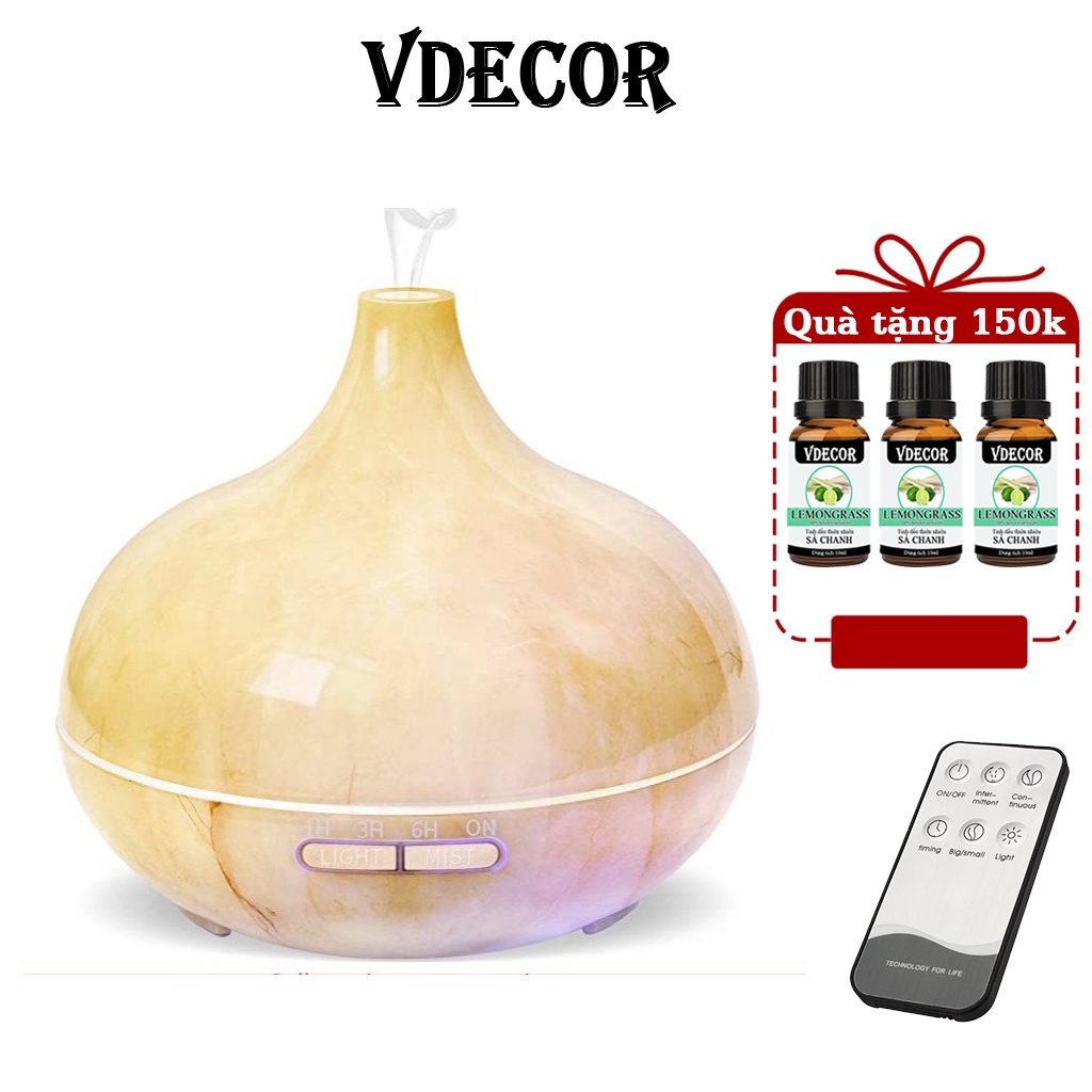 Máy xông tinh dầu VDECOR Vân Đá sang trọng | Dung tích 550ml | tích hợp remote điều khiển từ xa | kèm 3 tinh dầu