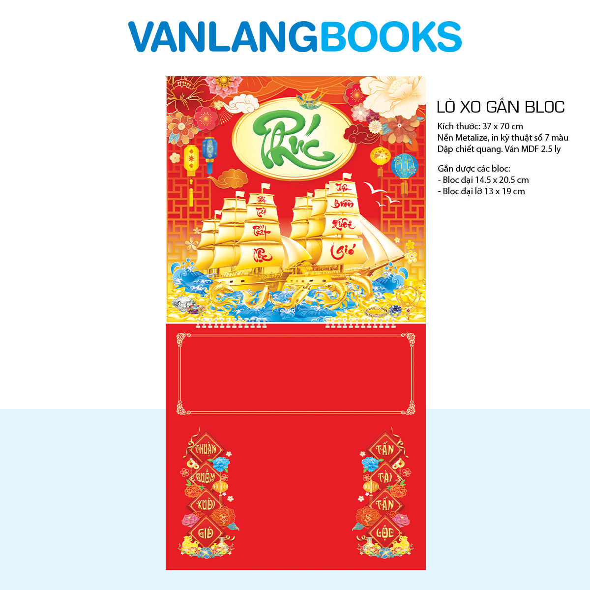 Lịch Gắn Bloc 2026 Vanlangbooks - Kim Thuyền Phúc Ngư (VLLXGL12) Cao Cấp - Chưa Bao Gồm Bloc Lịch