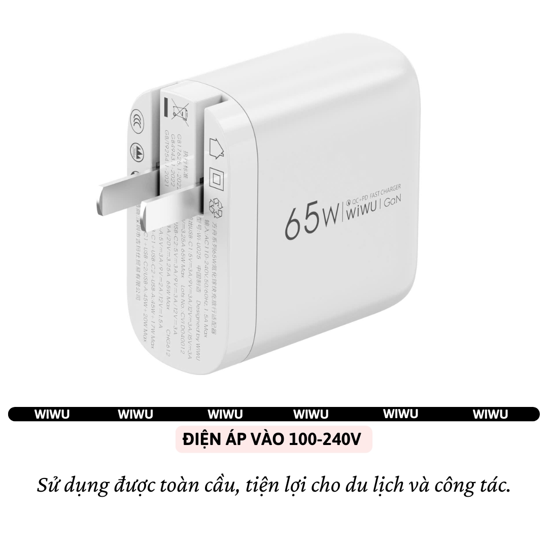 Adapter cóc củ sạc nhanh 65W 2 PD 3.0 USB C + USB-A QC3.0 hiệu WIWU ARK - PPS chống cháy, Chip AI điều chỉnh dòng sạc  cho iPhone iPad Oppo Samsung cho Macbook, Laptop - Hàng nhập khẩu