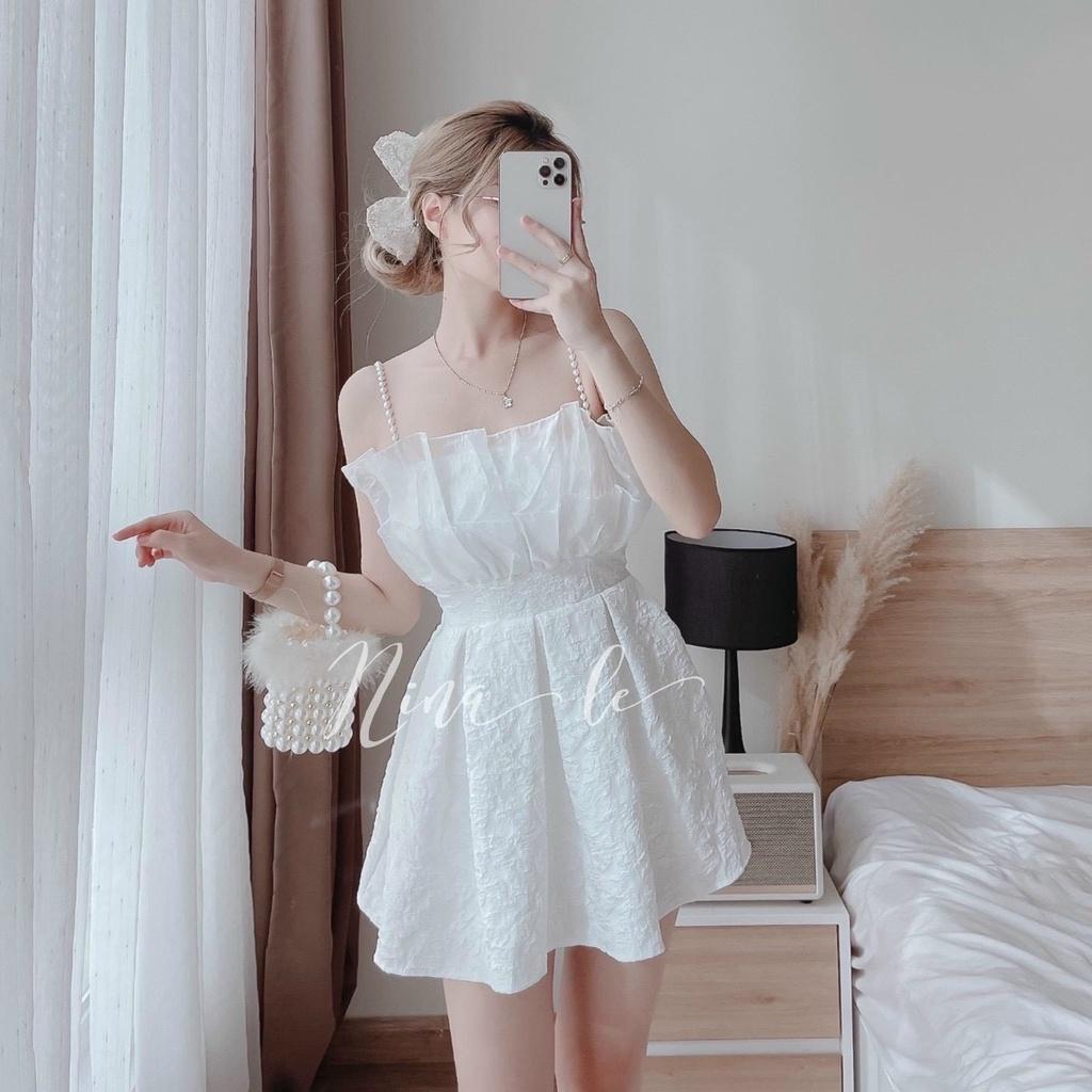 FREE SHIP Đầm váy nữ dây cườm 2 màu siêu xinh họa tiết hở lưng quyến dũ gấm xòe tôn dáng DS