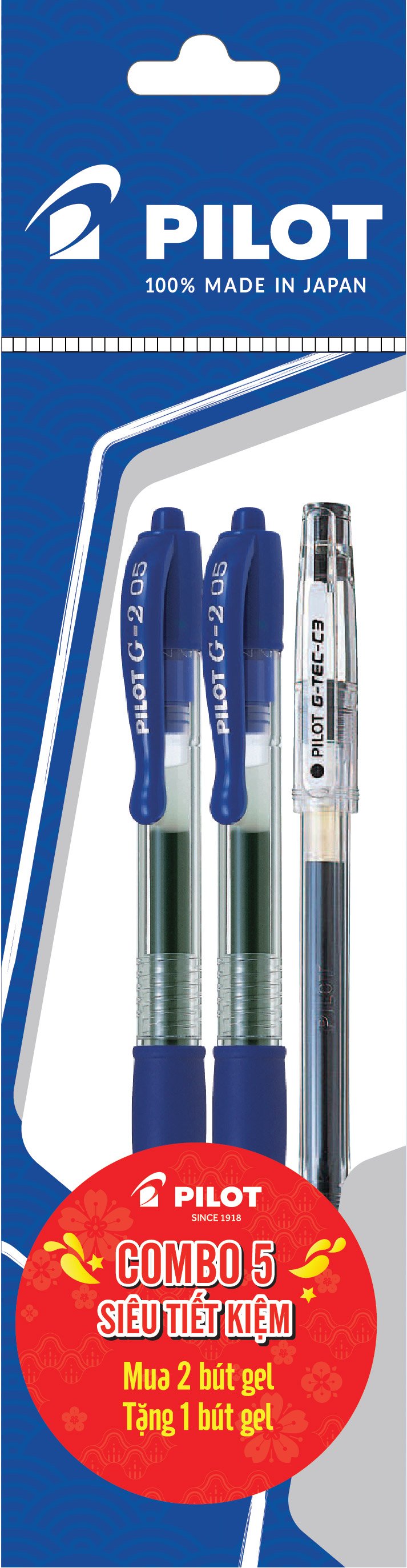 Combo Pilot 05 : 2 Bút Gel G-2 Mực Xanh + 1 Bút Gel G-Tec Mực Đen