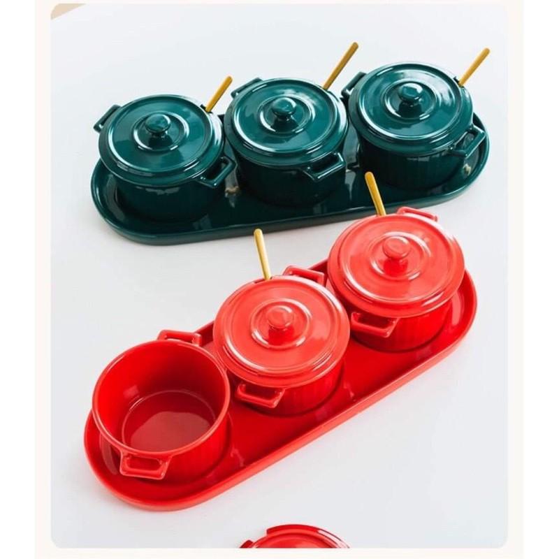 Khay 3 Hũ Sứ Gia Vị kèm thìa, Sét Ăn Sáng Đồ Ăn Dặm, Sứ cao cấp xuất khẩu