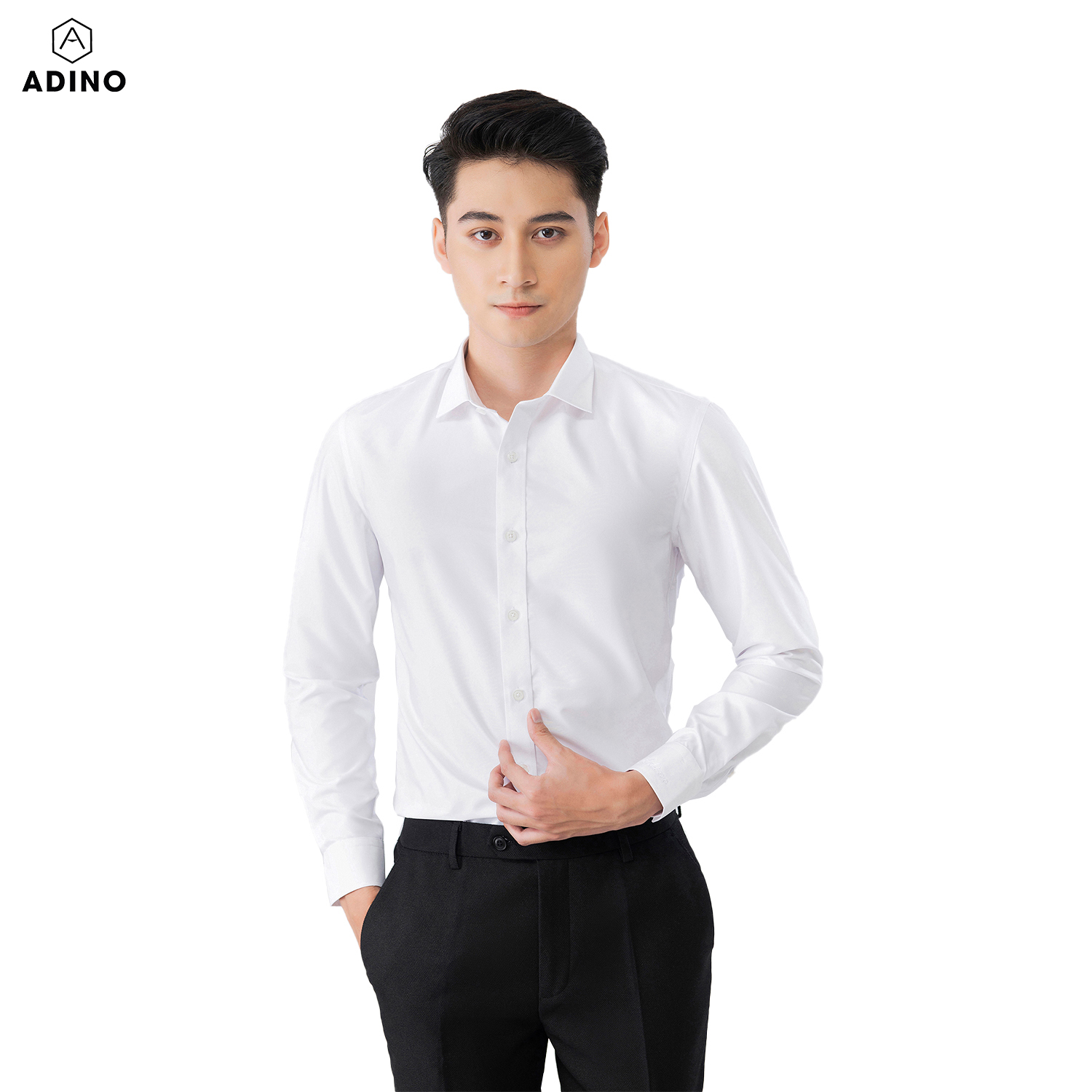 Áo sơ mi nam tay dài ADINO màu trắng tinh vải sợi sồi modal dáng slimfit trẻ trung S302