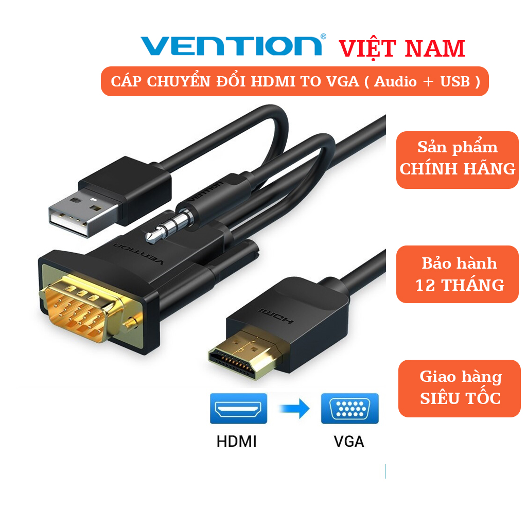 Cáp chuyển đổi HDMI sang VGA Vention hỗ trợ audio và nguồn, dài 1.5m - 2m. Hàng chính hãng