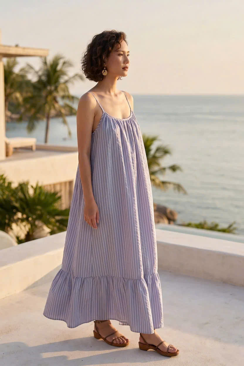 Đầm Maxi Hở Lưng Cotton Sọc Xanh Biển Vân Hy Dre217 Thời trang Hity