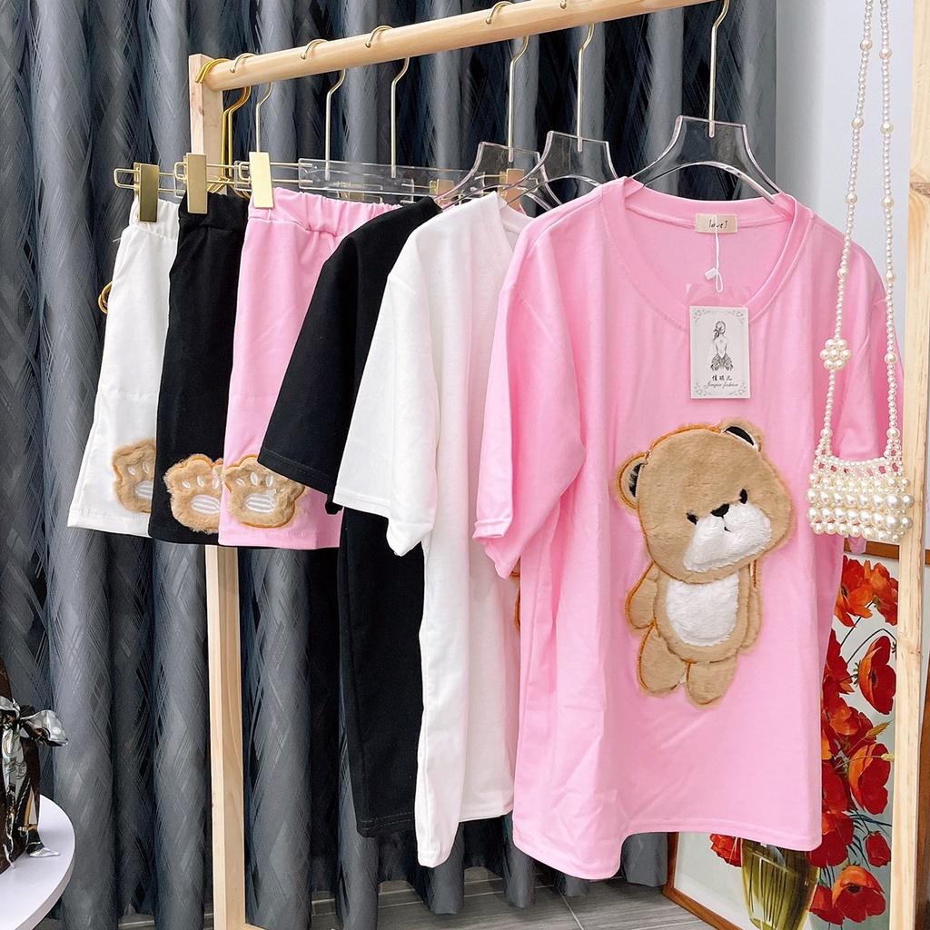 Bộ Cộc Tay Thêu Gấu Kèm Quần Short Ống Rộng
