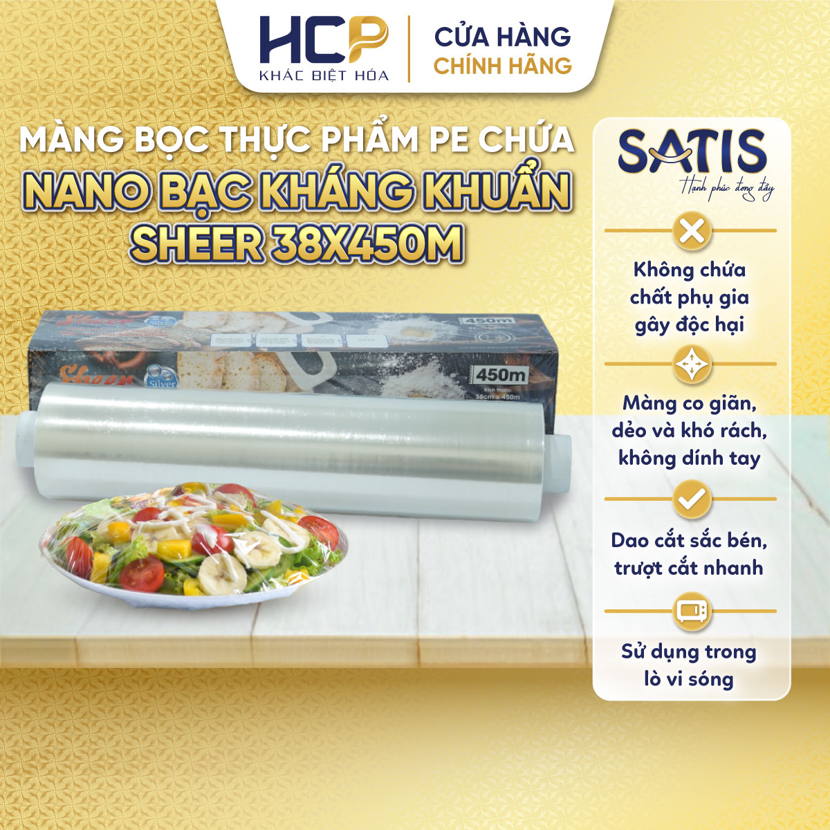 Hộp Màng Bọc Thực Phẩm PE Kháng Khuẩn 38cmX450m SATIS Phủ Nano Bạc An Toàn Cho Sức Khỏe Dùng Được Cho Lò Vi Sóng