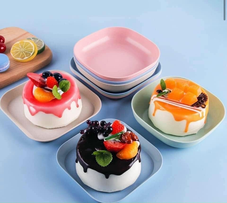 Set 4 Đĩa Chất Liệu Lúa Mạch Màu Pastel An Toàn Cho Sức Khỏe (2 dĩa cạn + 2 dĩa sâu) - giao màu ngẫu nhiên