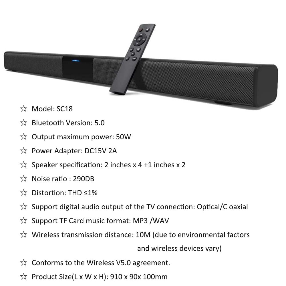 Soundage TV 50W Soundbar Có dây và không dây Bluetooth 5.0 Thanh âm thanh vòm Loa âm thanh nổi Rạp hát tại nhà Soundbars Treo tường Màu sắc: Đen